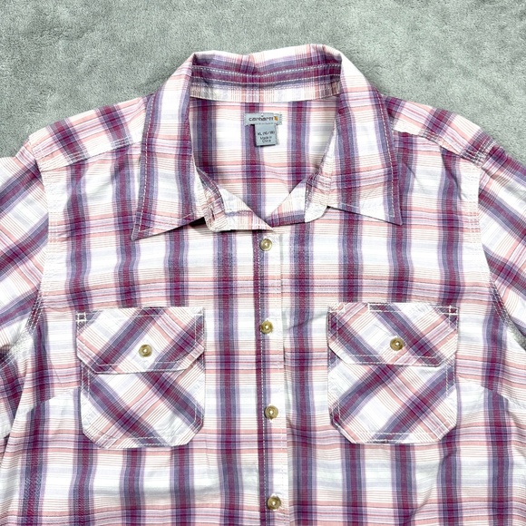 Carhartt Women’s XL Plaid Button Down Shirt Pink Purple Cotton Blend Workwear - Picture 1 of 9